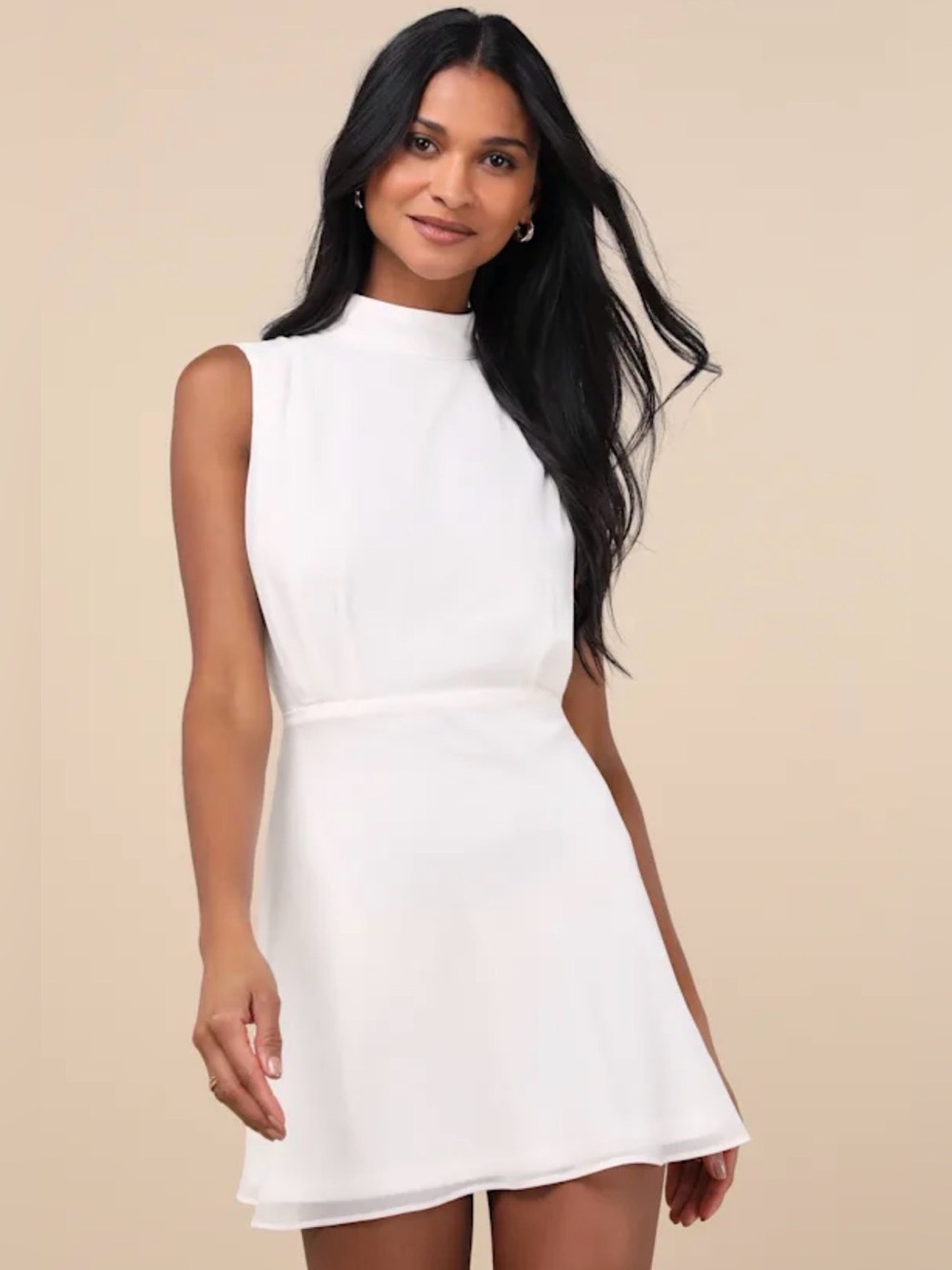 Classic Elegance White Chiffon Sleeveless Mock Neck Mini Dress